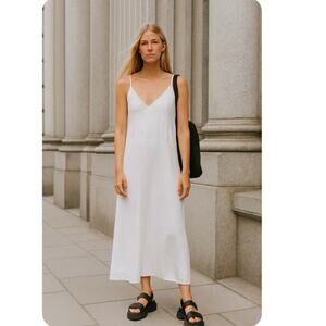 Stone & Sky White Linen Blend Minimalist Coastal Maxi Dress Small